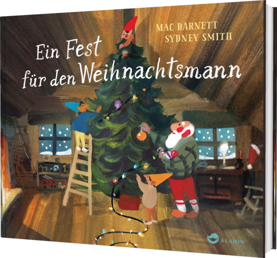 Das Buchcover zeigt eine gemütliche Stube mit einem Weihnachtsbaum, der von Elfen und dem Weihnachtsmann geschmückt wird.
