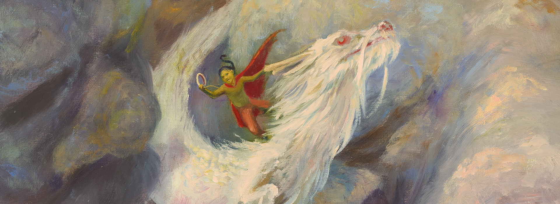 Gemalte Szene aus der Schmuckausgabe: Eine Figur in rotem Umhang reitet auf einem weißen Drachen mit roten Augen durch eine mystische, wolkenartige Landschaft.